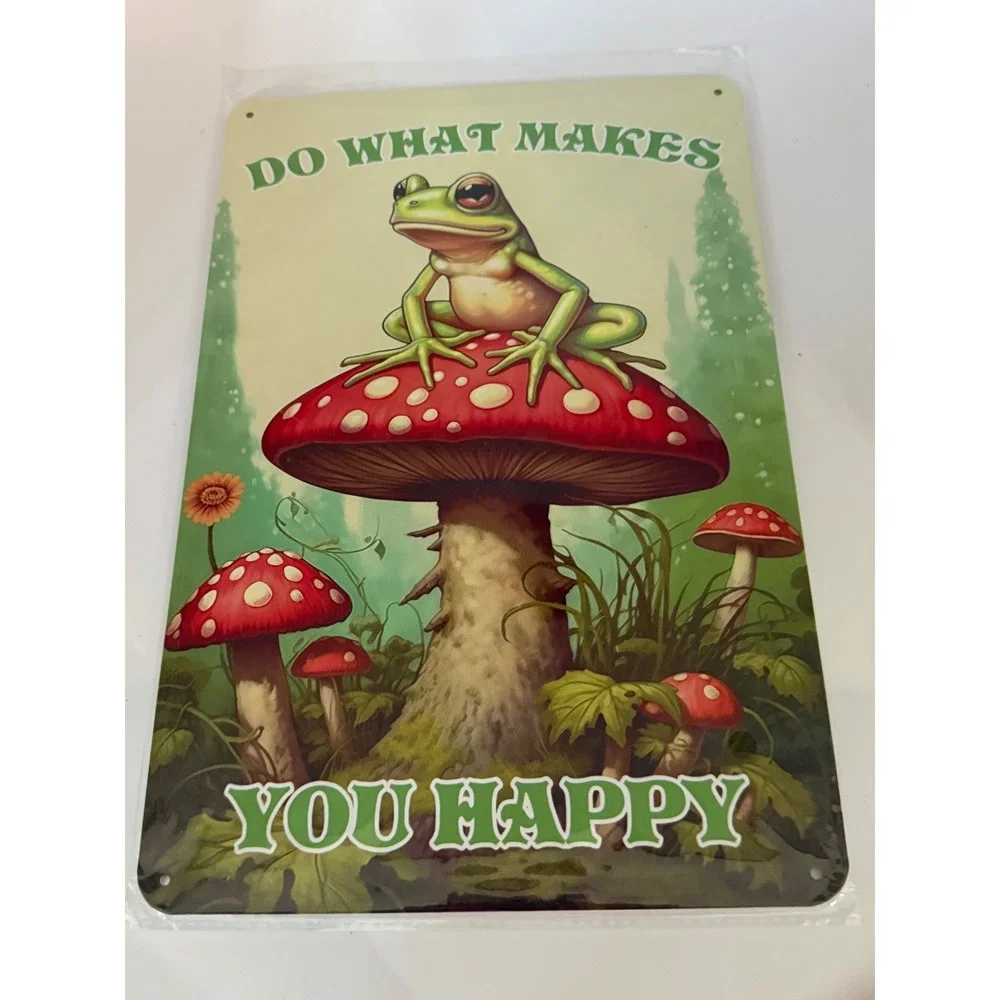 Do What Makes You Happy Frog Mushroom Metal Tin Sign Cottagecore Wall Set of 2